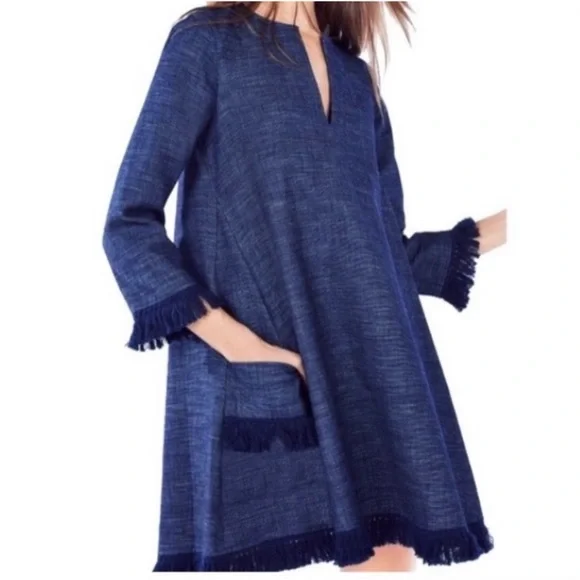 blue jean fringe dress Western Style Women's Denim with Fringe Button Up Mini Dress Tan / S main image 0